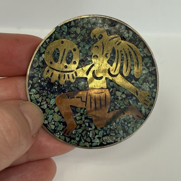 VTG Taxco Mexico Sterling Silver Copper Brass Turquoise Mosaic Pin Pendant CHC - Picture 7 of 7